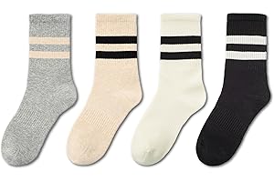 JZTRY Women's Striped Crew Socks with Seamless Toe, Cotton Womens Socks for Running, Hiking, Casual, Office& School, 4 Pairs,