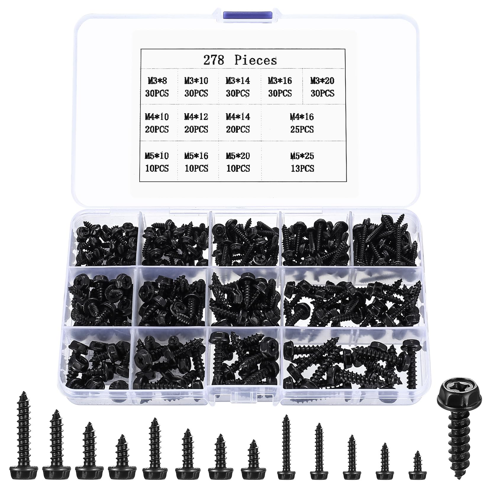 278 Pcs M3 M4 M5 Hex Head Self Tapping Screws, Phillips Hex Flange Washer Head Sheet Metal Sheet to Timber Wood Roofing Screws for Plastic Drywall - Carbon Steel (Black 278)