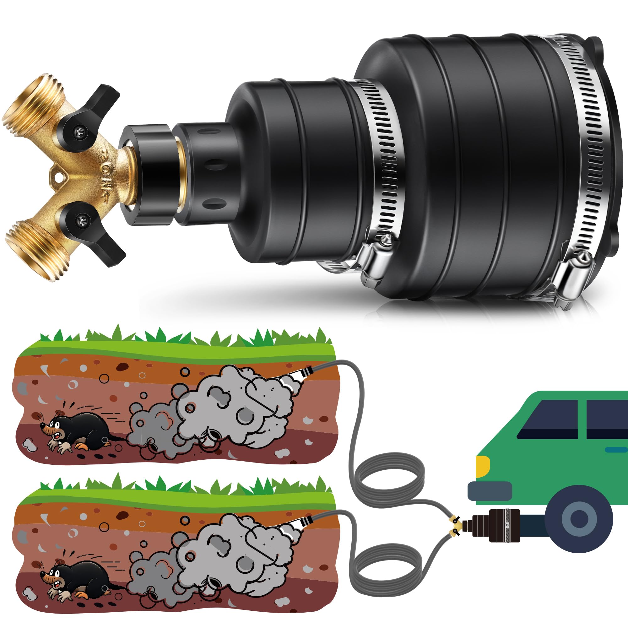 Photo 1 of Qualirey Pest Control Exhaust Pipe Attachment with 2 Way Hose Splitter, Transport Exhaust from Car to Underground for Killing Outdoor Rodents Such as Moles, Gophers (Fit for Pipe in 2"-2.4"/3"-3.5")
