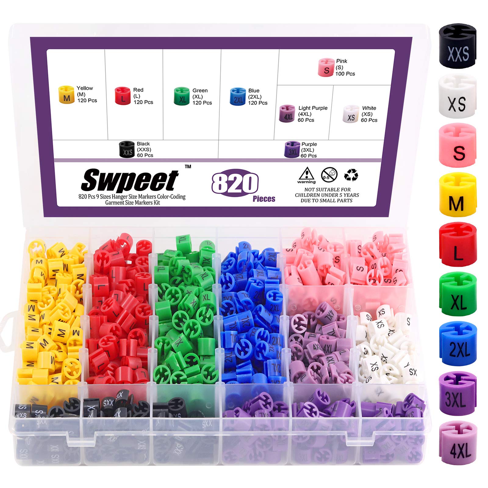 Swpeet 820 Pcs Plastic Hanger Size Markers Assortment Kit, XXS-4XL Color-Coding Hanger Sizes Tags Marker for Wire & Clothing Hangers with Storage Box