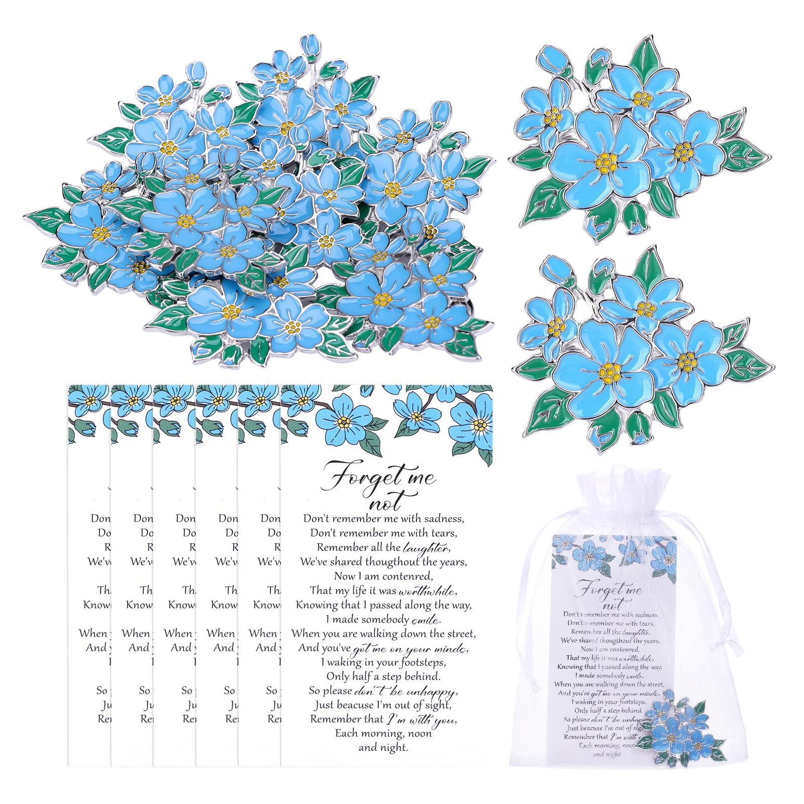 Photo 1 of 10 Sets Funeral Favors - Forget Me Not Memorial Pins with Poem Cards - Celebration of Life Remembrance Brooches - Bulk Sympathy Keepsakes for Guests, Customisable Tribute Gift