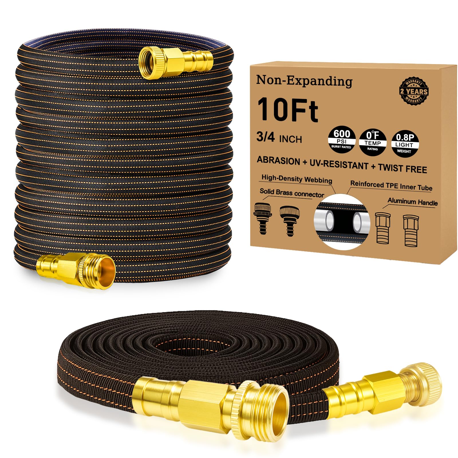 Photo 1 of 10FT Lightweight Garden Hose,Flexible Water Hose with Solid Brass Head,Kink-Free,Collapsible Hose,High Pressure Flat Water Hose for RV,Boat,Car Wash,Garden,Yard,Camper,Outdoor (OrangeBlack, 10 feet)