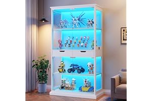 Jocoevol Display Cabinet with Glass Doors, 68'' Tall Curio Cabinet with RGB Lights for Collectibles, 4-Tier Glass Display Case with Human Body Sensor & 2 Drawers for Living/Game Room, White