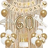Trgowaul 60th Birthday Decorations for Women, Banner, Sash and Crown, Cake Topper, 60 Number Balloon, Fringe Curtains, Champagne Gold 60th Birthday Party Supplies