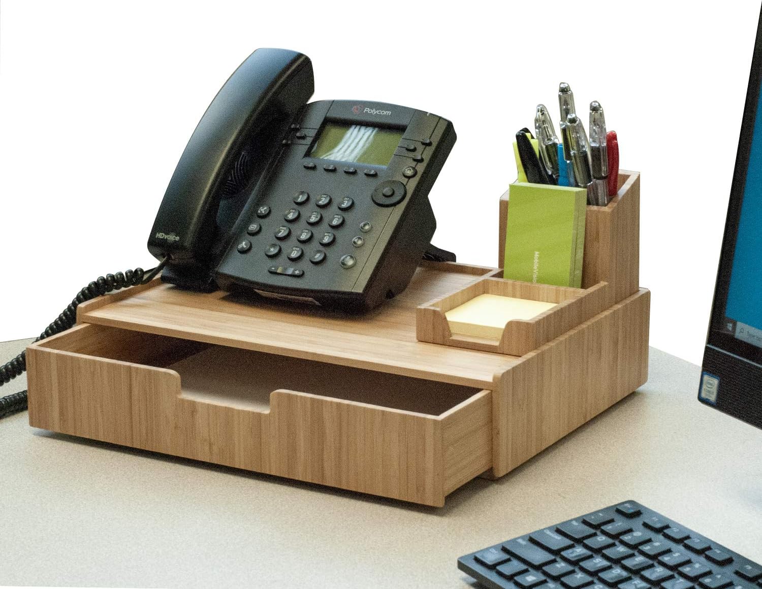 Bamboo Telephone Stand with Drawer & Pencil Holder Storage Solution for Office Products pens, Pencils, Scissors, notepads, Business Cards and More : Office Products