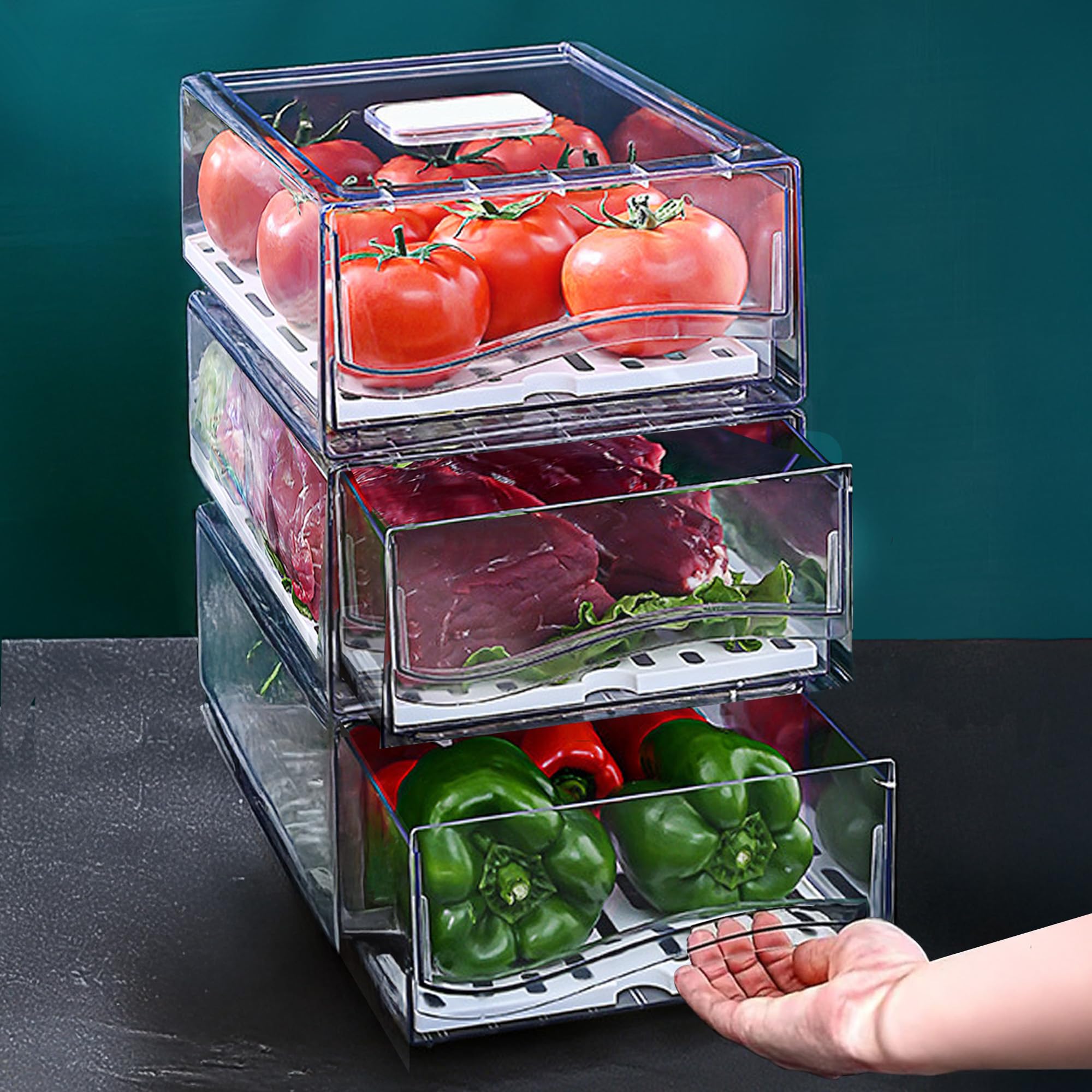 Photo 1 of 2 Pack Large Capacity Fruit Storage Containers for Fridge with Drain Board, Stackable Refrigerator Organizers Drawer,Reusable Food Storage Containers for Drinks, Meat,Vegetable,Produce,Fruit