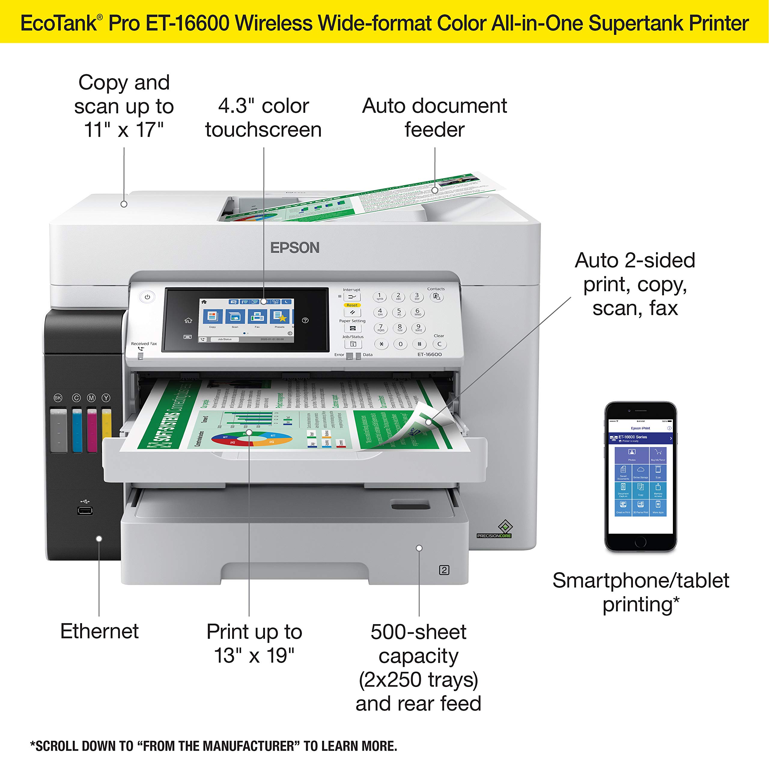 Epson EcoTank Pro ET-16600 Wireless Wide-format Color All-in-One Supertank Printer with Scanner, Copier, Fax, and Ethernet