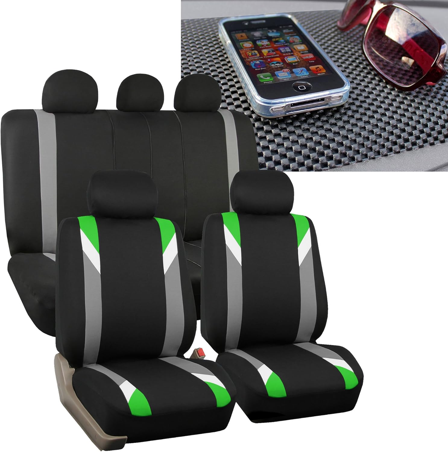 FH Group FH-FB033115 Three Row- Premium Modernistic Seat Covers Green/Black FH1002 Non-Slip Dash Pad- Fit Most Car, Truck, SUV, or Van