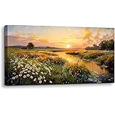 SERIMINO Large Canvas Wall Art, Sunset Landscape Canvas Prints, Marshland Scenery Paintings Wall Decor, Meadow Wildflowers Pictures Wall Decorations for Bedroom Living Room Dining Room 20"X40"