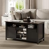 MHOM Farmhouse Coffee Table with Storage, Rustic Living Room Table with Sliding Barn Doors &amp; Hidden Compartment, Wooden Center Table for Living Room, Black