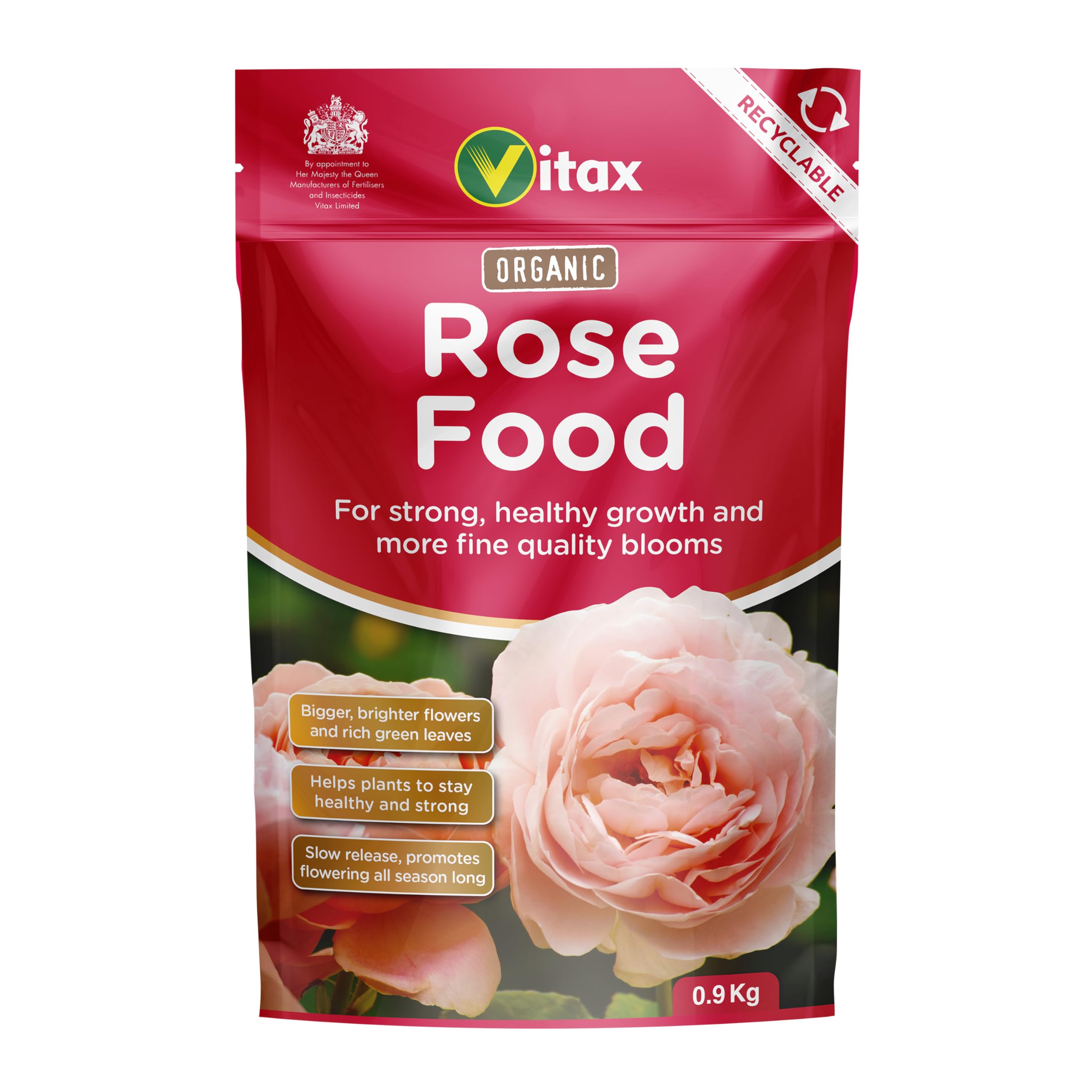 Vitax Organic Rose Food, Specially Tailored Nutrient Mix, Slow Release, 100% Organic, For Healthy Leaves And Bigger Blooms Of Flowers- 900G Pouch