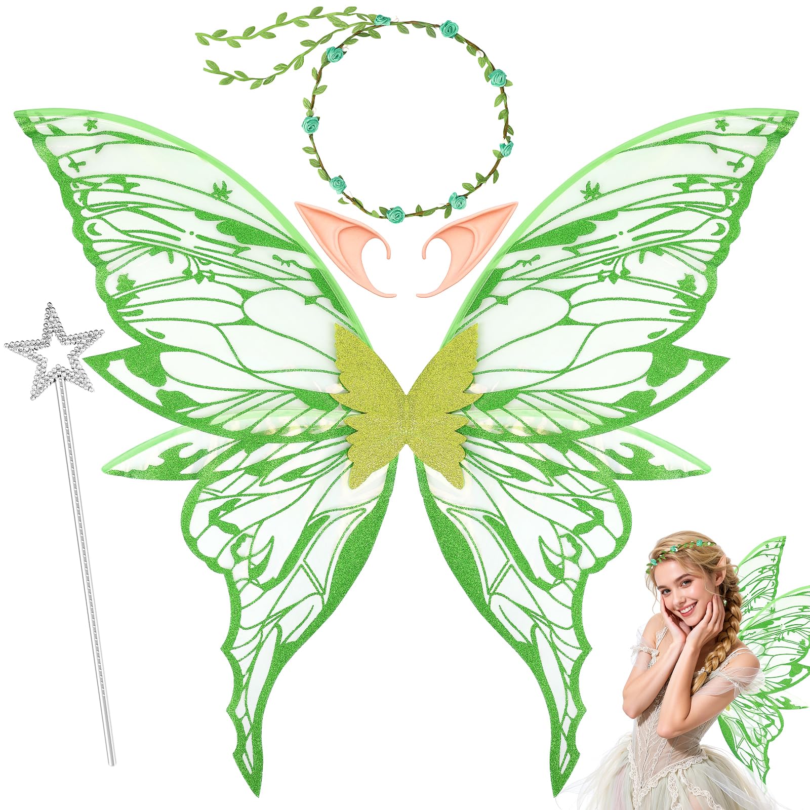 UxClishe 4pcs Fairy Wings Adult Costume Set, Fairy Accessories Fancy Dress with Sparkling Butterfly Wings Floral Headband, Long Skin-Toned Elf Ears Wand for Halloween Chrismas Cosplay Party