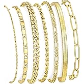 Gokeey 7PCS 14K Gold Plated Bracelets Sets for Women，Dainty Fashion Layered Cuban Link Chain Herringbone Paperclip Chain Bracelets Stack，Trendy Simple Stackable Gold Silver Bracelets Jewelry Gifts