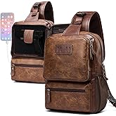MOYYI Sling Bag for Men Leather Crossbody Bag with Handgun Holder and USB Charging Port, Vintage Cross Body Pack, 7L Small Casual Daypacks for Travel, Commute, Cycling (Brown)