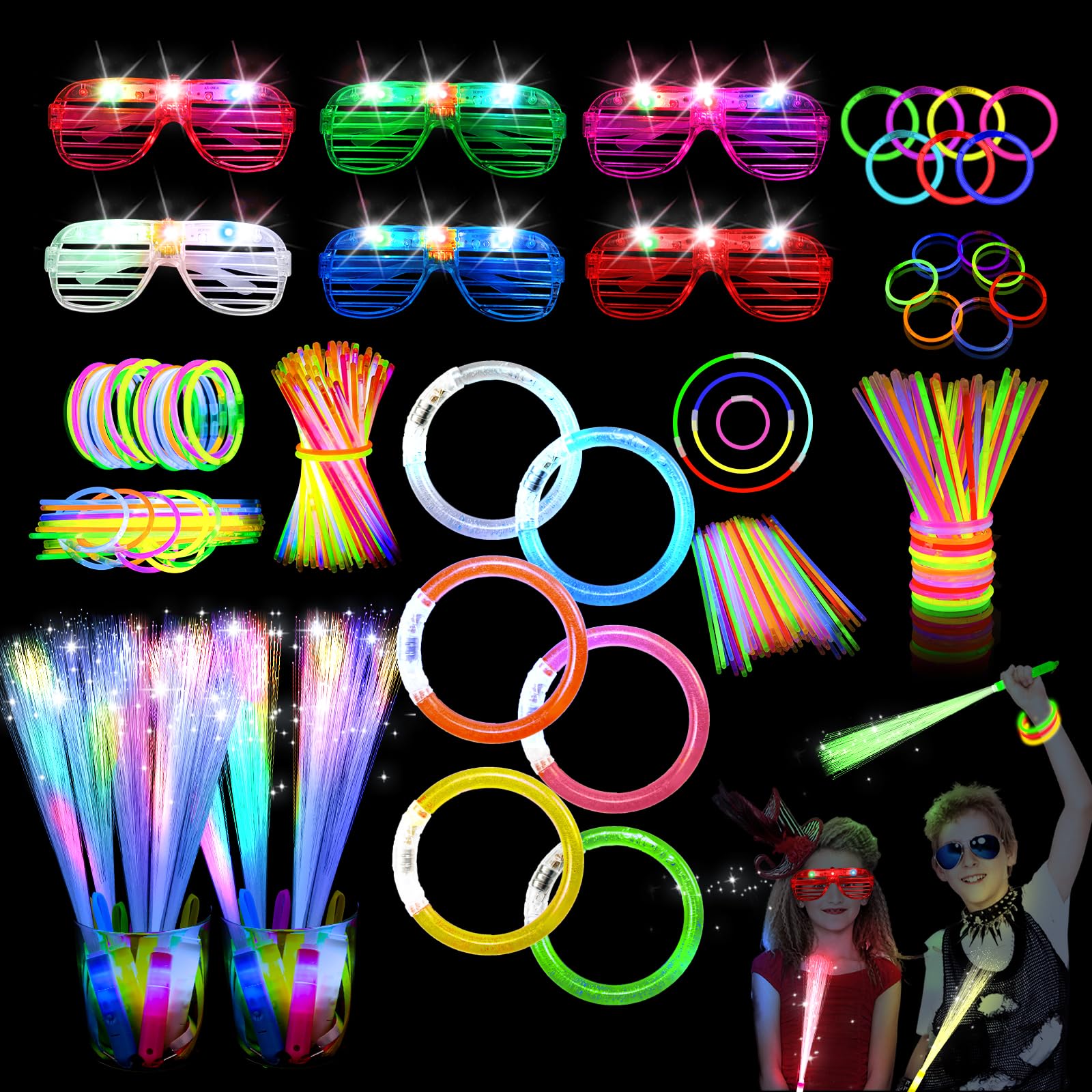 118PCS Glow in the Dark Party Supplies, Glow Sticks Bulk Party Pack, 6PCS Glow Fibre Optic Wands, 6PCS LED Glasses, 6PCS Glow Bracelets and 100PCS Glow Sticks for Neon Party Decorations, Wedding