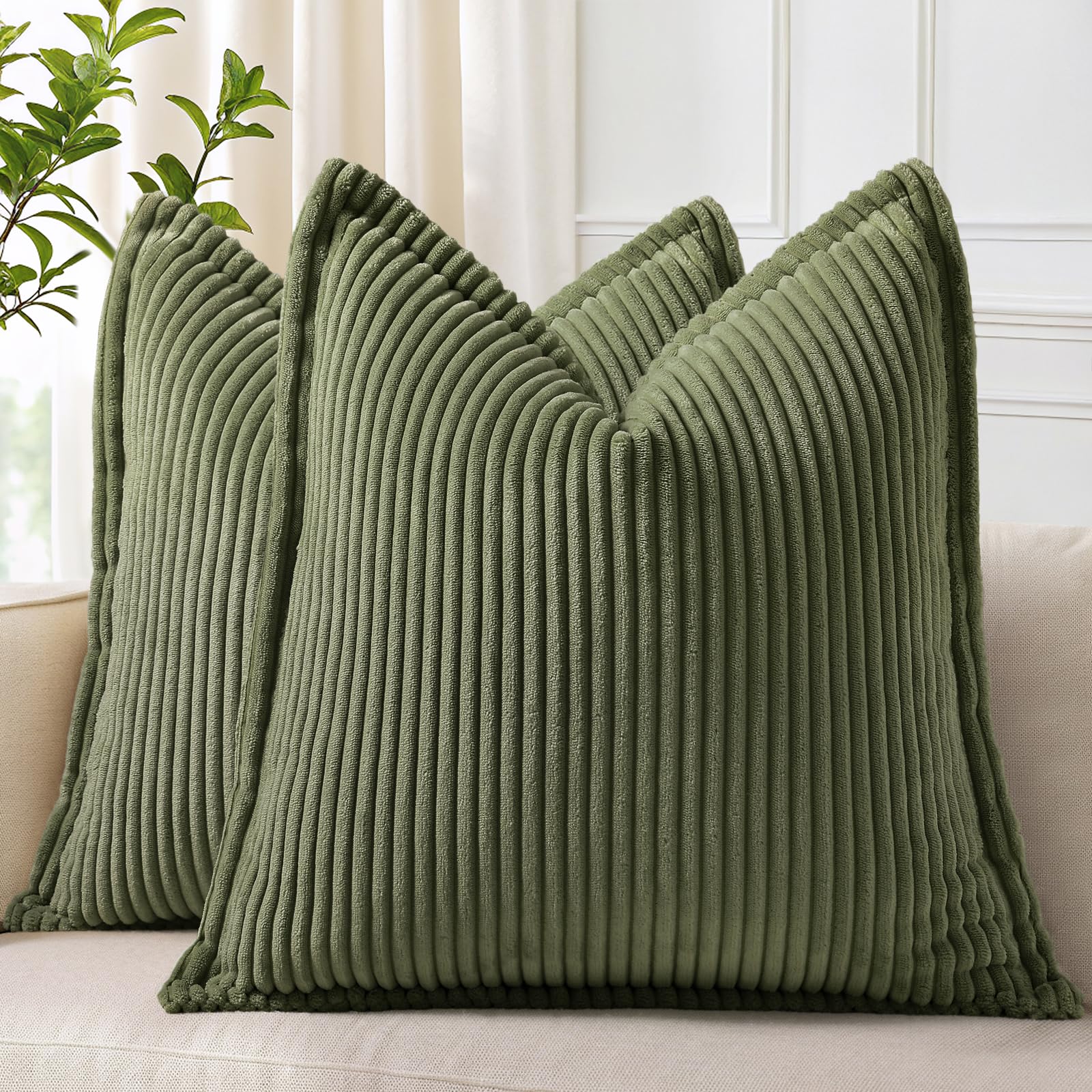 decorUhome Spring Corduroy Olive Green Euro Sham Throw Pillow Covers 24x24 Set of 2 Decorative Soft Boho Farmhouse Couch Pillow Covers for Living Room Bed Sofa Broadside Striped Pillow Cases