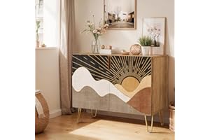 SIGNWIN Sideboard Buffet Cabinet, Kitchen Storage Cabinet with 2 Doors, Mid-Century Geometric Sun Nature Wilderness, Cupboard Console Table for Dining Room - 35" L x 18" W x 29" H
