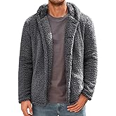 Runcati Mens Fuzzy Sherpa Hoodie Long Sleeve Button Down Fleece Jackets Casual Winter Hooded Sweatshirt