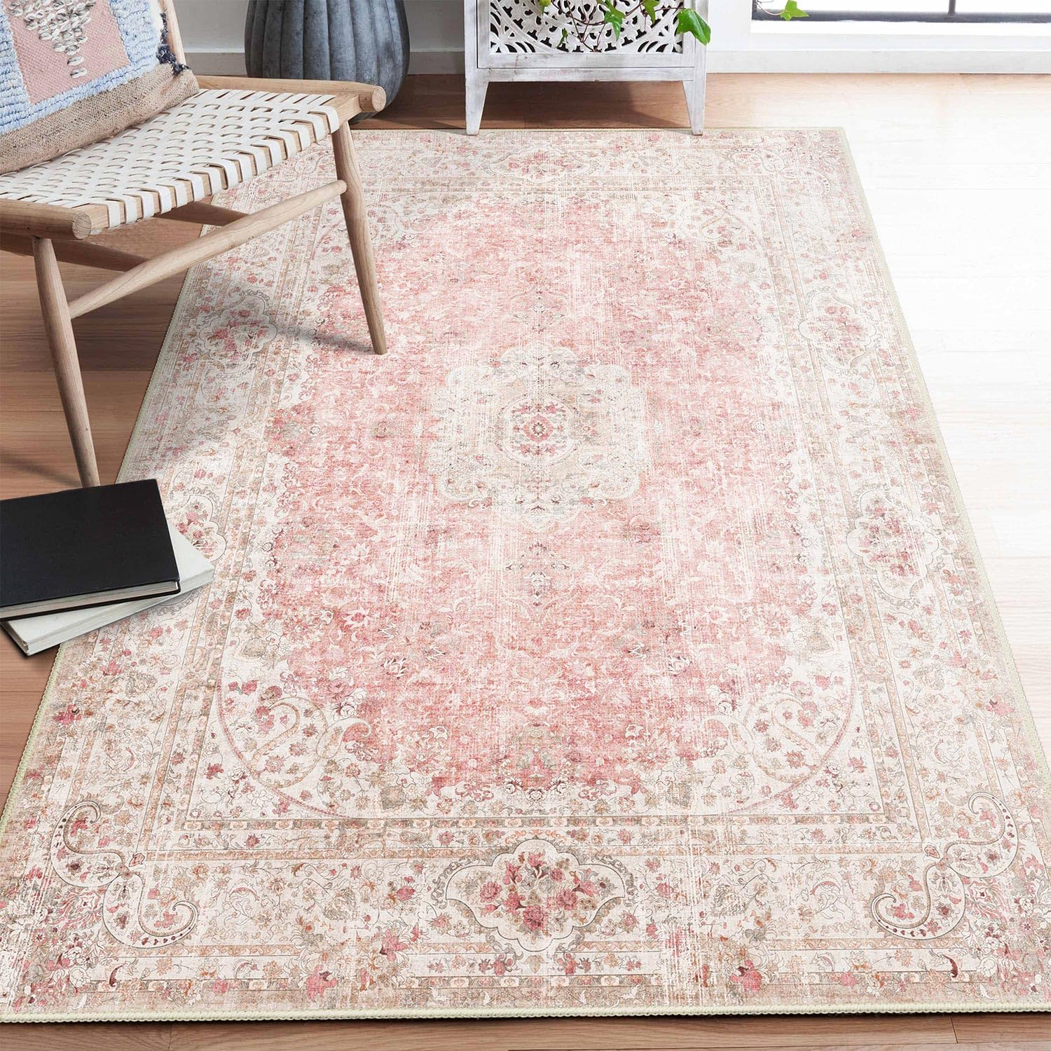 Photo 1 of ***HEAVILY USED/DIRTTY***
Castage Pink Rug 4'x6.5',Washable Area Rugs for Bedroom Living Room Kitchen Entryway,Small Boho Vintage Bohemian Distressed Non Slip Carpet,Blush