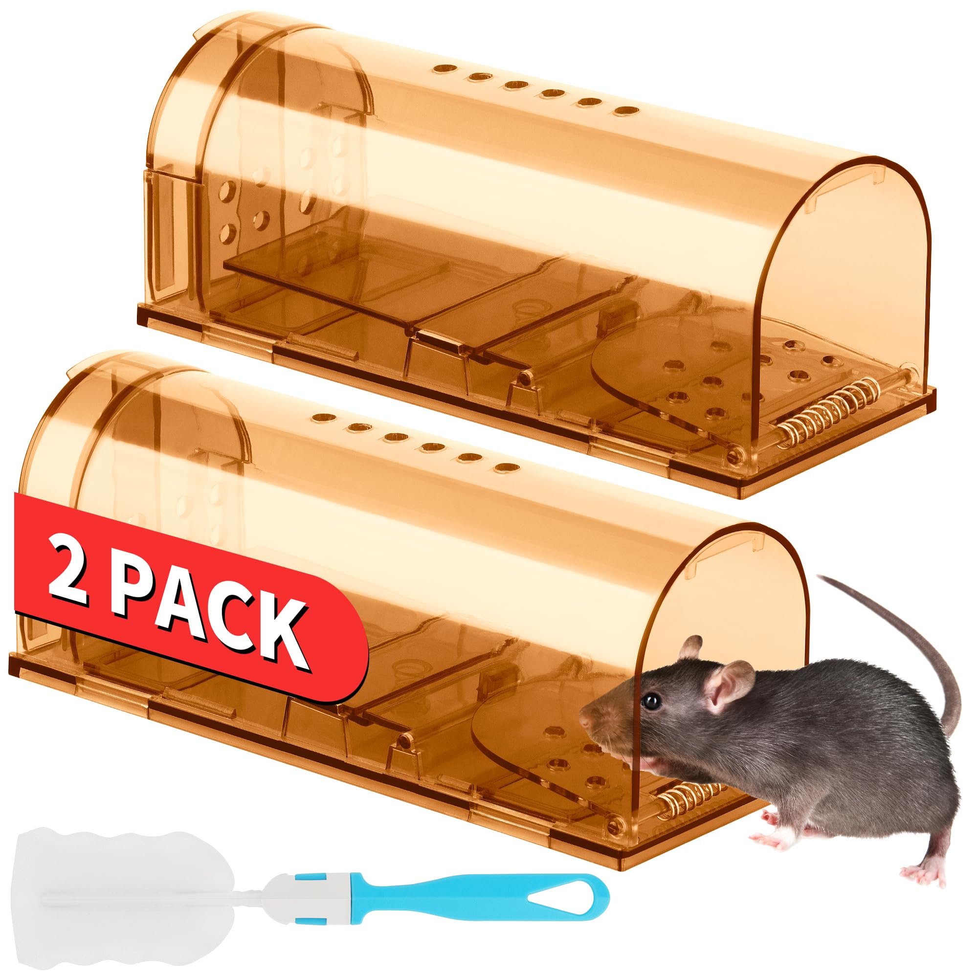 Photo 1 of LULUCATCH Humane Mouse Traps 2 Pack, Live Mouse Traps, Catch and Release Mouse Traps Indoor for Home, Reusable with Cleaning Brush, No Kill Mole Squirrel Rat Traps for House & Outdoors, Pet Safe