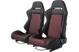 SEHAONOHOME Automotive Racing Sports Seats for Cars, 2PCS Universal PVC Leather with Shining Breathable Mesh Fabric Reclinable Racing Bucket Seats with Dual Sliders, Black with Red Stitching