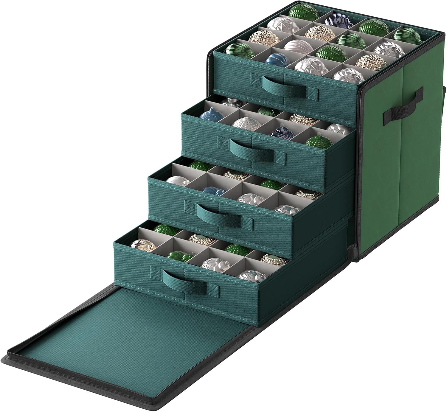 Holiday Décor Storage - SONGMICS Christmas Ornament Storage Box, with Side Open, Stackable Christmas Storage Container with Lid, 4 Drawer Trays, 600D Oxford, 3-Inch 64 Slots, Forest Green URFB037C01