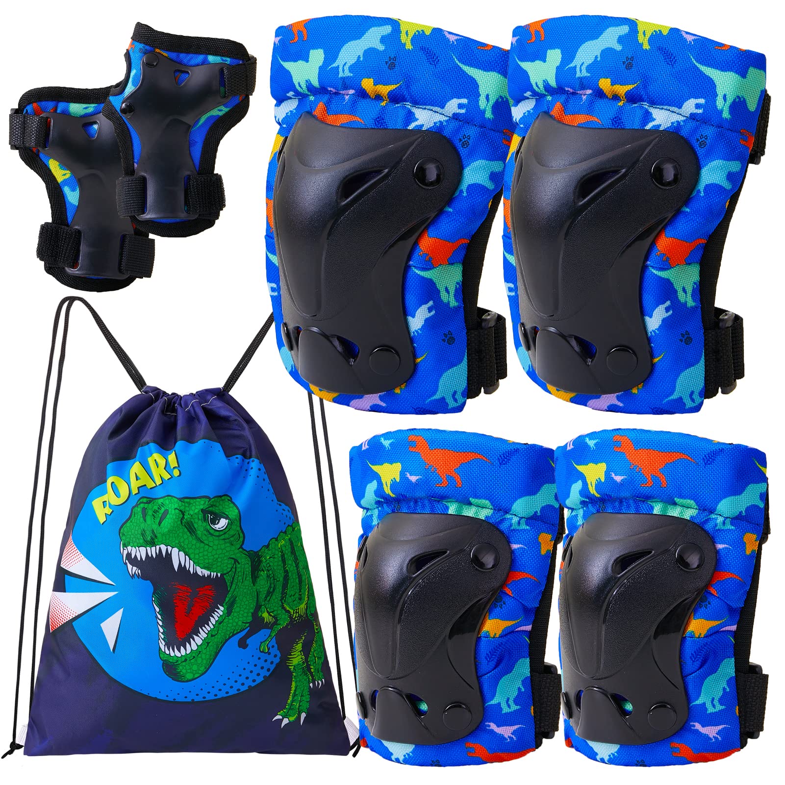 FIODAY Knee Pads for Kids Dinosaur Knee Elbow Pads Wrist Guards with Drawstring Bag Adjustable 7 in 1 Protective Gear Set for Boys Inline Skating Bike Cycling Skateboard Scooter, 3-8 Years, Deep Blue