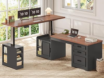 SEDETA Farmhouse L Shaped Electric Standing Desk, 63" x 67" Height Adjustable Home Office Executive Desk with Drawers and Shelves, Standing Computer Desks with Power Outlet for Home Office, Black