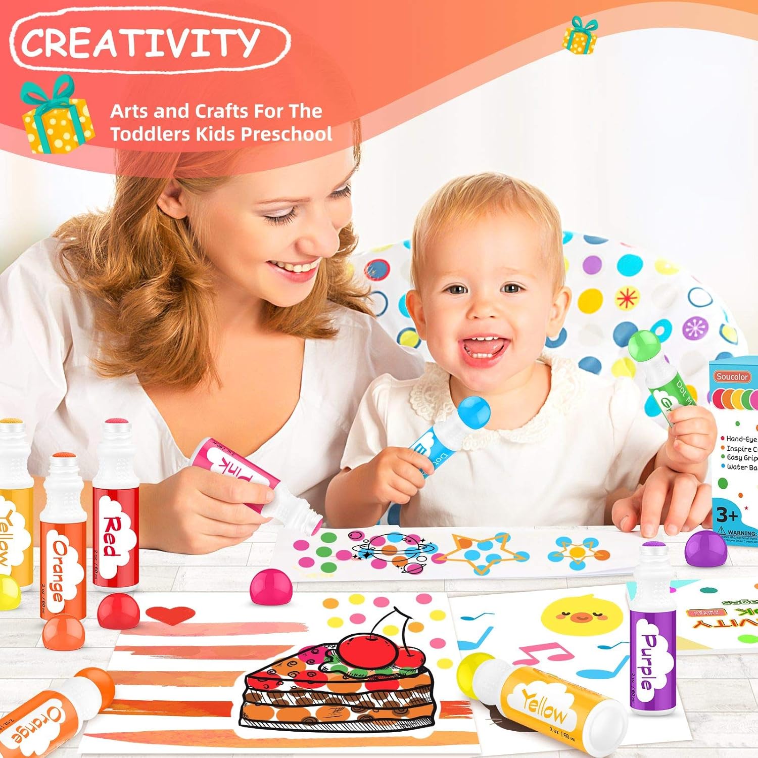 Washable Dot Markers for Toddlers Kids Preschool, 10 Colors 2 oz Kids Markers Set with 48 Pages Tearable Activity Book for Toddler Arts and Crafts Kits Supplies, Non-Toxic Water-Based Paint Dauber: Office Products