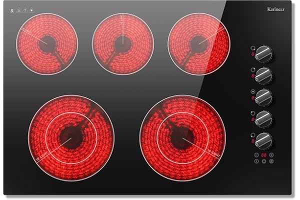 Karinear 30 Inch Electric Cooktop, 5 Burner Radiant Electric Stove Top | 8600W, Knob & Touch Control with 9 Power Levels, Expandable Zone, Timer, Child Safety Lock, Hardwired 220-240V, No Plug