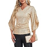 Sequin Tops for Women 3/4 Sleeve Blouse for Women Dressy Sparkly Tops V Neck Outfits for Party Glitter Tops Gold S