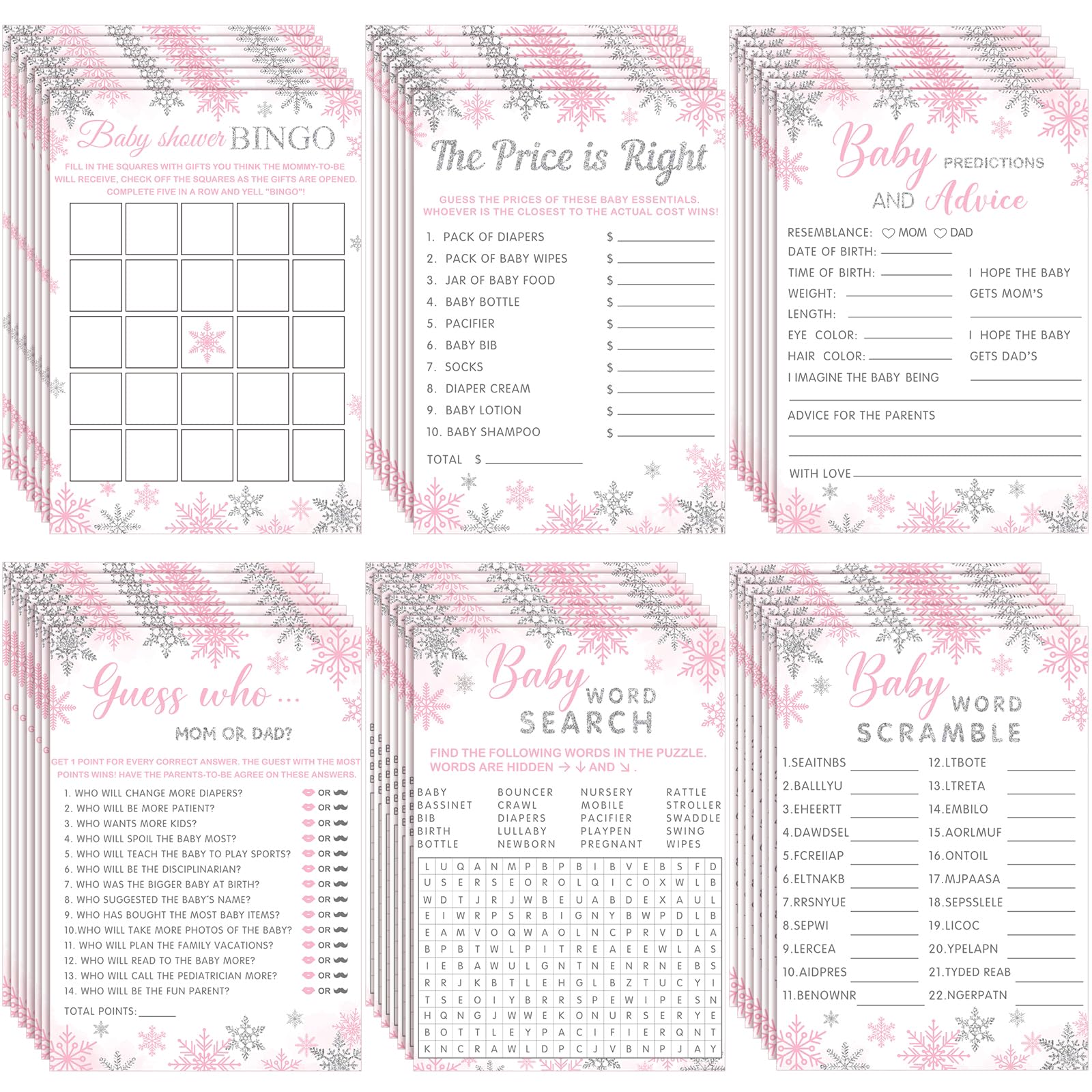 Jetec 302 Pcs Pink Snowflake Theme Baby Shower Games, 6 Games, 50 Sheets Each, Shower Party, Word Scramble, Baby Word Search, Predictions and Advice, the Price Is Right