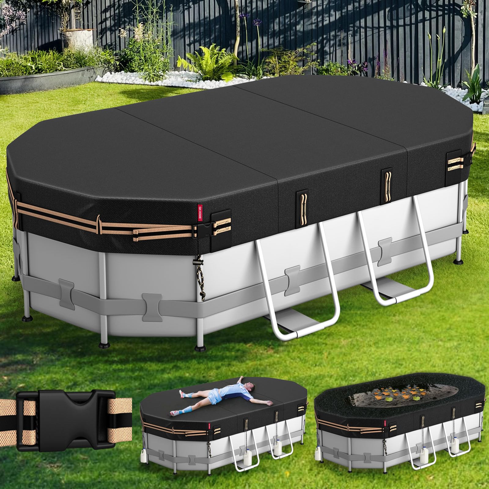 Photo 1 of QH.HOME Oval Pool Cover for 10x16 Ft Bestway/Intex/Coleman Frame Oval Pool, [Excellent Windproof ] with Adjustable Buckle Straps & Weight-Bearing Rings,Cold and UV Resistant