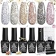 beetles Reflective Glitter Gel Polish 6 Colors Sparkle Gel Nail Polish Set Diamond Shine Silver Black Gold Holographic Glitter Gel with Nail Art Stickers Soak off Uv LED Manicure Gifts for Women