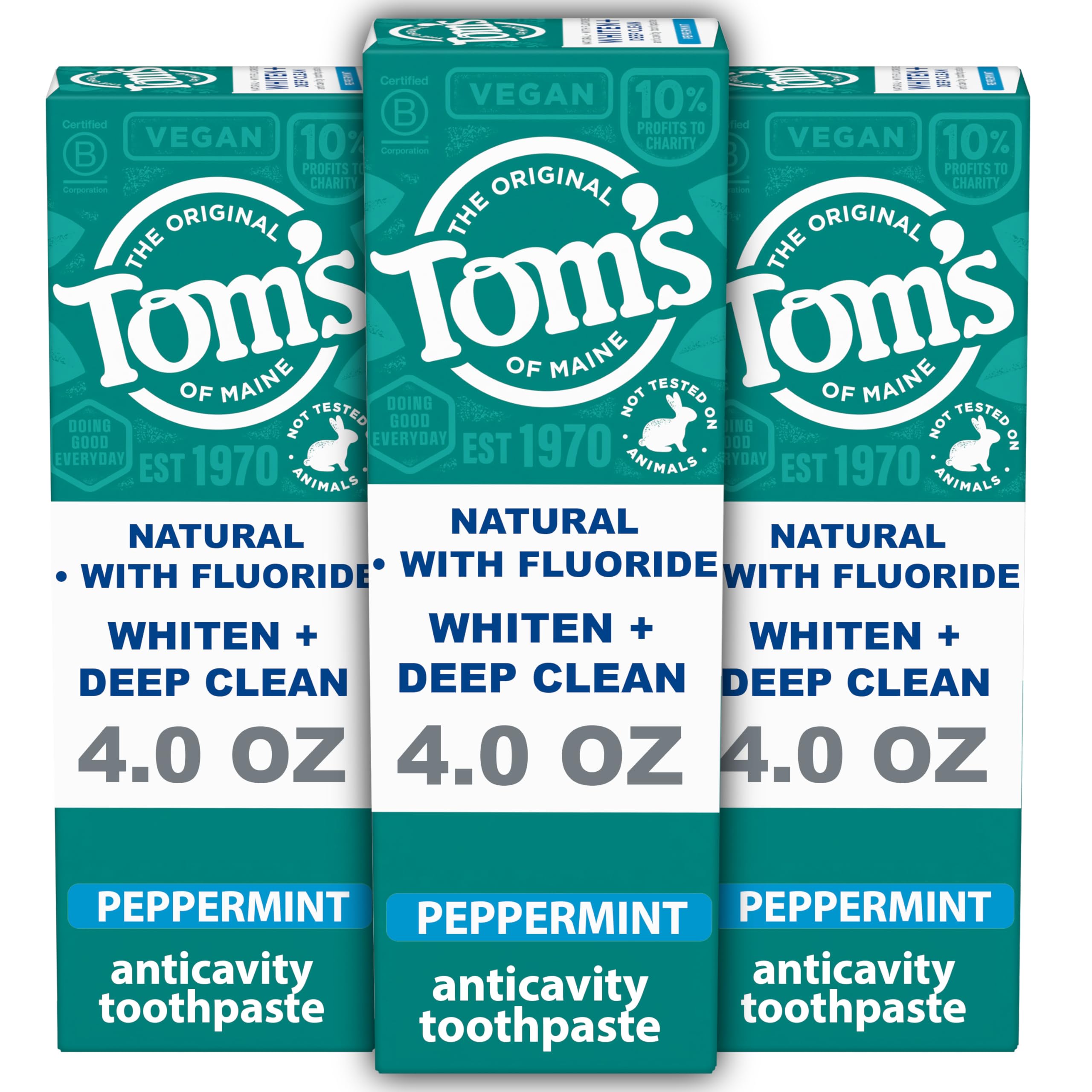 Photo 1 of Tom's of Maine Whiten Plus Deep Clean Whitening Toothpaste, Natural Whitening Toothpaste with Plant-Based Cleansers, Enamel Safe, Whitens Without Causing Sensitivity, Peppermint, 4.0 oz (Pack of 3)