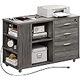 YITAHOME File Cabinet with Charging Station, Mobile Lateral Filing Cabinet with Lock for Home Office, Printer Stand with Open Storage Shelf, Fits A4, Letter, Legal Size Files, Office Furniture, Grey