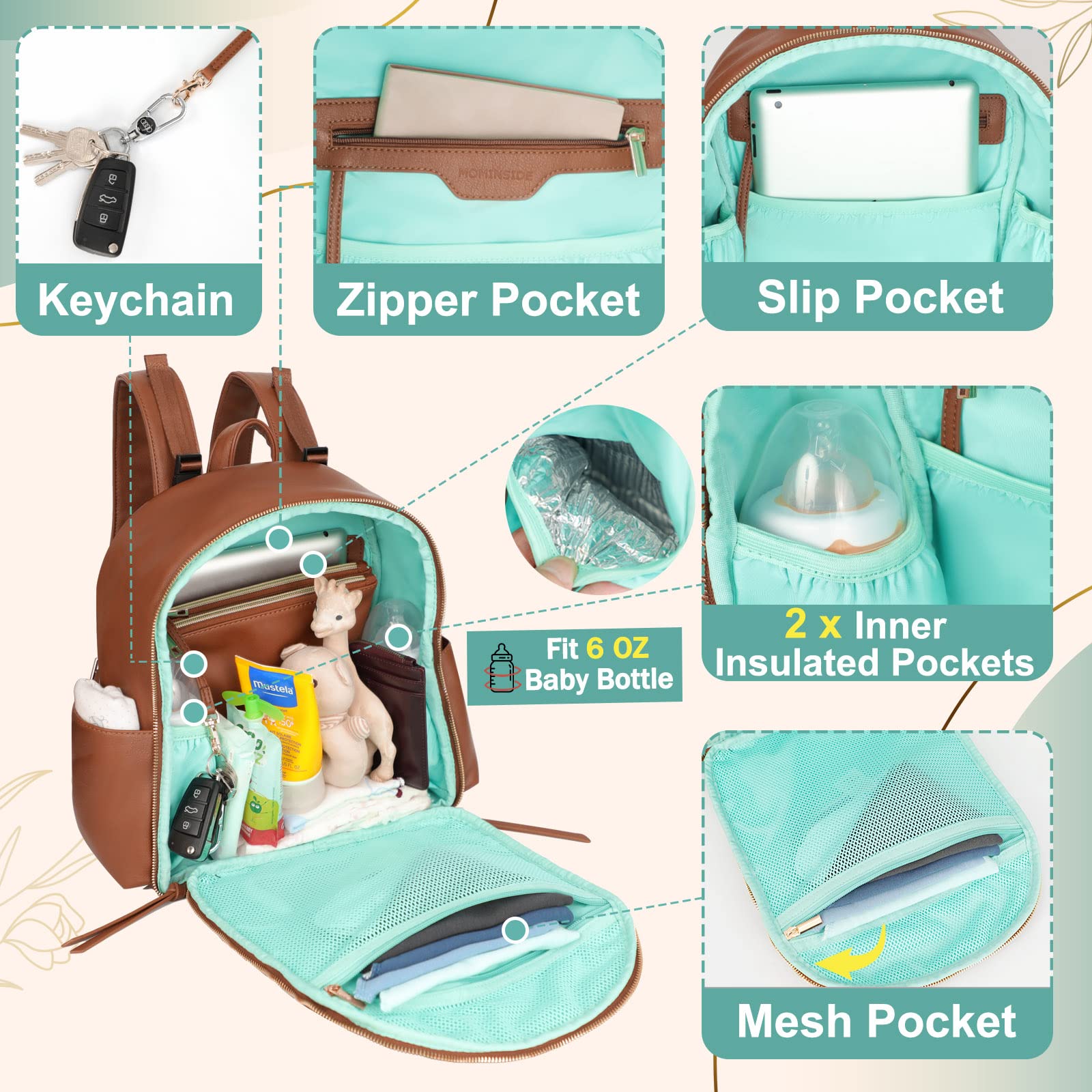 MOMINSIDE MOMINSIDE Small Diaper Bag Backpack, Mini Diaper Bag with 11 Pockets, Leather diaper backpack, Baby Diaper Bag for Baby Girls, 2 Insulated Pockets, Stroller Straps (Brown)