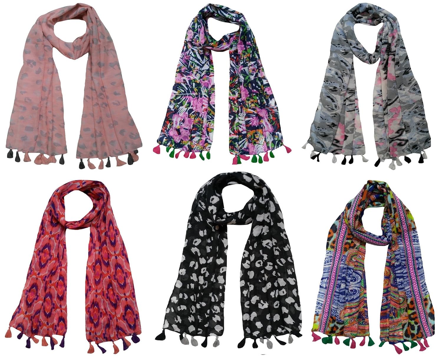 fusfus women's poly cotton stoles(f0144, multicolour, free size) - pack of 6