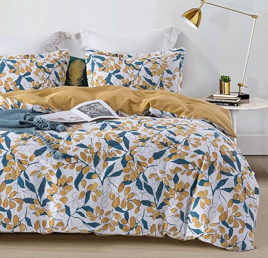 Amazon Com Sleepbella Duvet Cover Set King Size Yellow Teal Leaves 100 Cotton Bedding Set White Botanical Pattern Comforter Cover 3 Pcs Home Kitchen