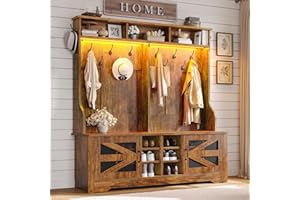 Itaar Hall Tree with Bench and Shoe Storage, 5-in-1 Entryway Bench with Coat Rack, 16 Shoe Cubbies & 12 Coat Hooks, Barn Door & Adjustable Shelf (Rustic Brown)