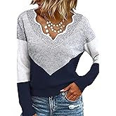 Women Fall Color Block V Neck Pullover Long Sleeve Sexy Cozy Ladies Sweaters Tops