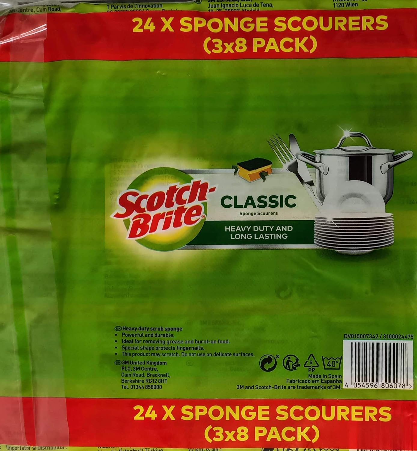 Scotch Brite Classic Sponge Scourers Heavy Duty Long Lasting, Pack of 3 x 8, Green/Red, 8 Count (Pack of 3) - Image 4