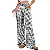 ANRABESS Womens Striped Gingham Pants 2026 Pajama Drawstring Wide Leg Lounge Plaid Pants Cute Casual Trousers with Pockets