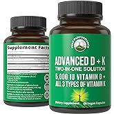 Peak Performance Advanced Vitamin D 5000 IU with All 3 Types of Vitamin K Vitamin D3 and Vitamin K2, K1, MK-7 (MK7), MK4 Supplement. 60 Small and Easy to Swallow Vegetable Pills (5000 IU)