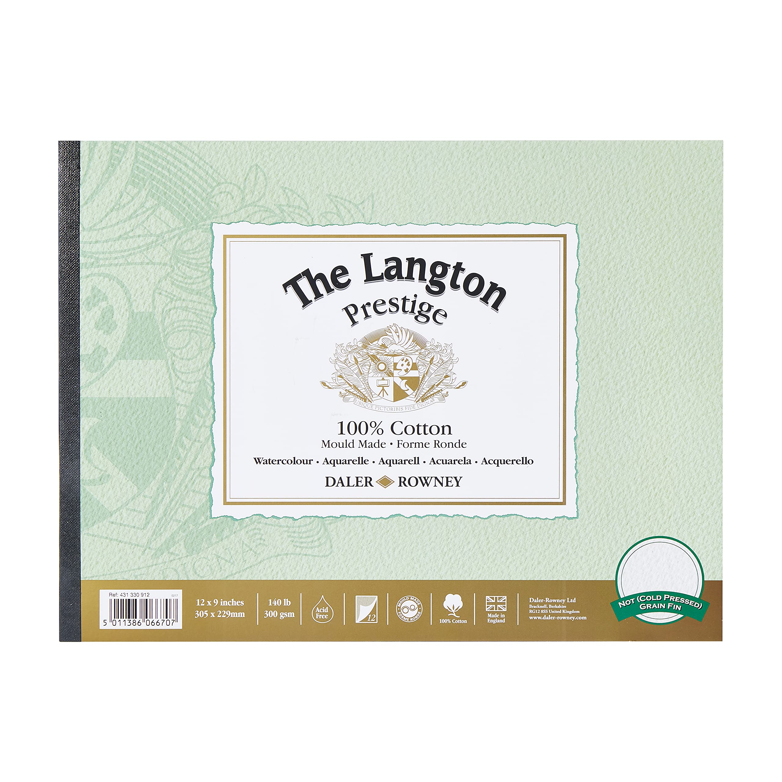 Daler-Rowney The Langton Prestige Cold-Pressed Watercolour & Gouache 300gsm 12 x 9in Paper Pad, Glued 1 Side, Natural White, 12 Sheets, For Professional & Students