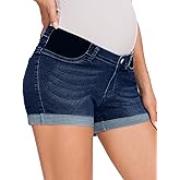 fitglam Women's Maternity Jean Shorts Under Belly Maternity Lounge Denim Shorts Pregnancy Comfy Clothes with Elastic Panel