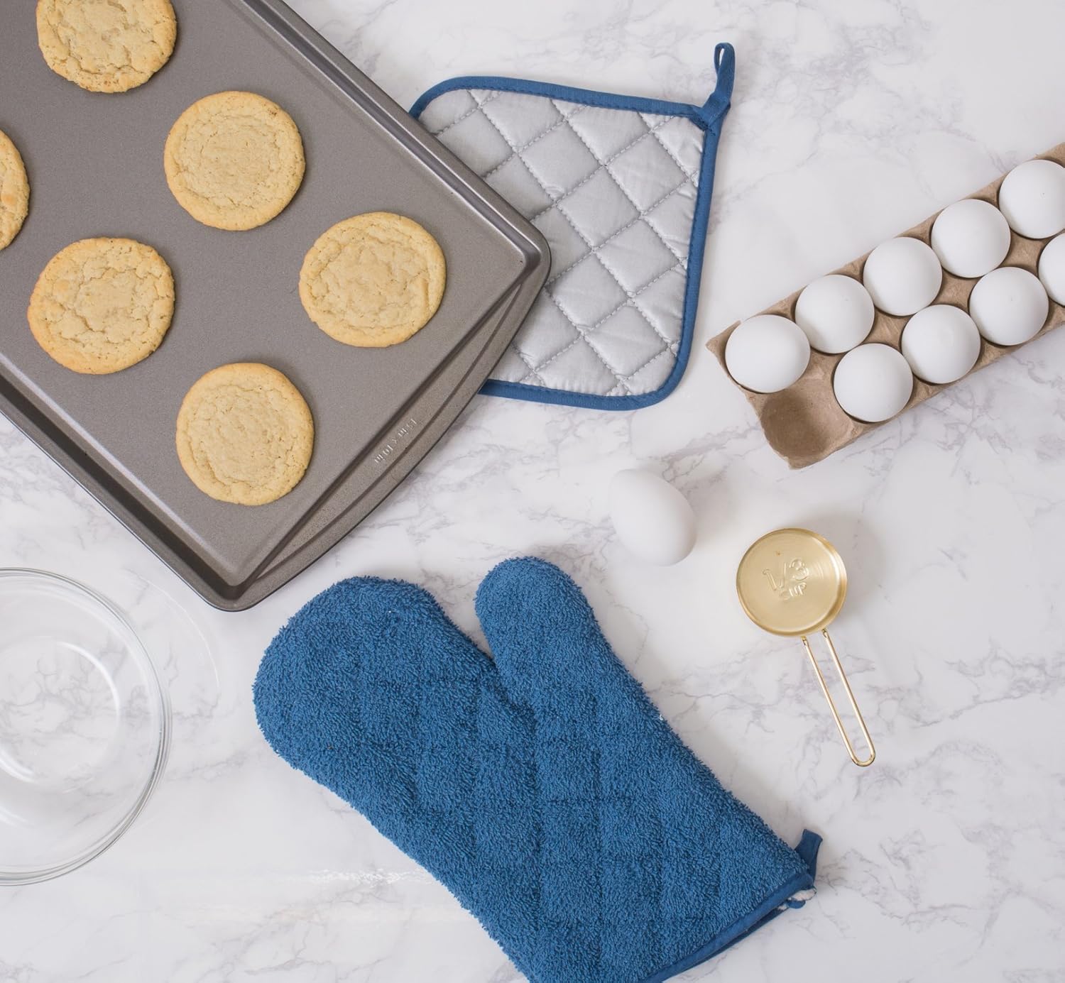 DII 100% Cotton, Quilted Terry Oven Set Machine Washable, Heat Resistant with Hanging Loop, Potholder, Blue 3 Piece: Home & Kitchen