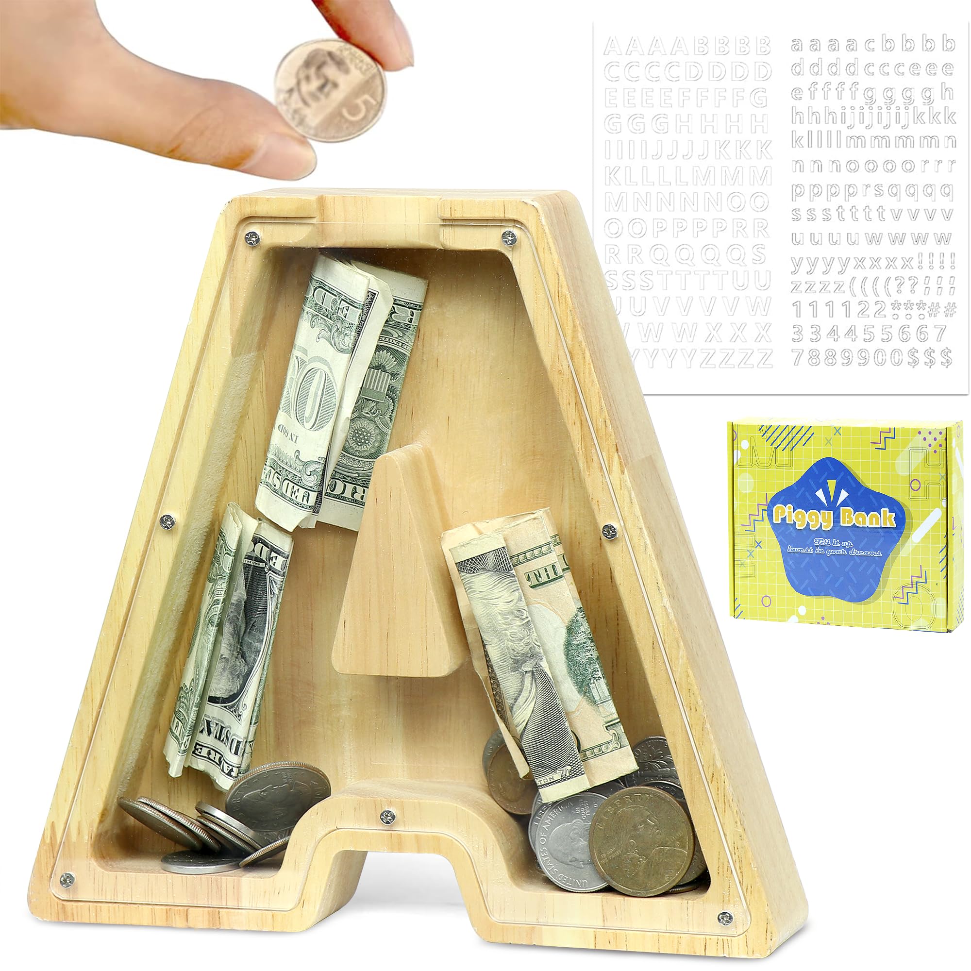 Mikytoper Wooden Letter Money Box for Kids Personalised Piggy Bank Letter A-Z Transparent Money Bank Saving Coins Cash Change Creative Gift for Children Boys Girls Decorative Money Box (A)