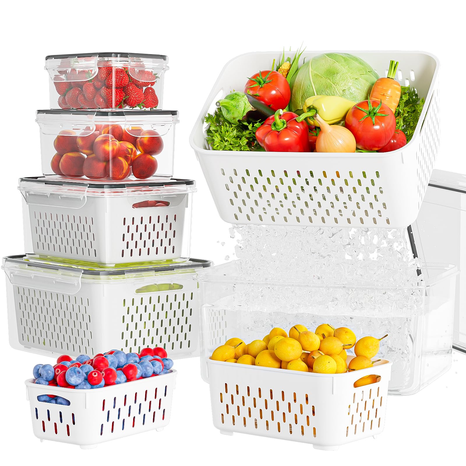 Photo 1 of 5 Pack Fruit Storage Containers for Fridge with Removable Colanders - Food Storage Containers with Lids, BPA-Free Produce Containers Keep Fruits, Vegetables, Berry, Meat Fresh Longer