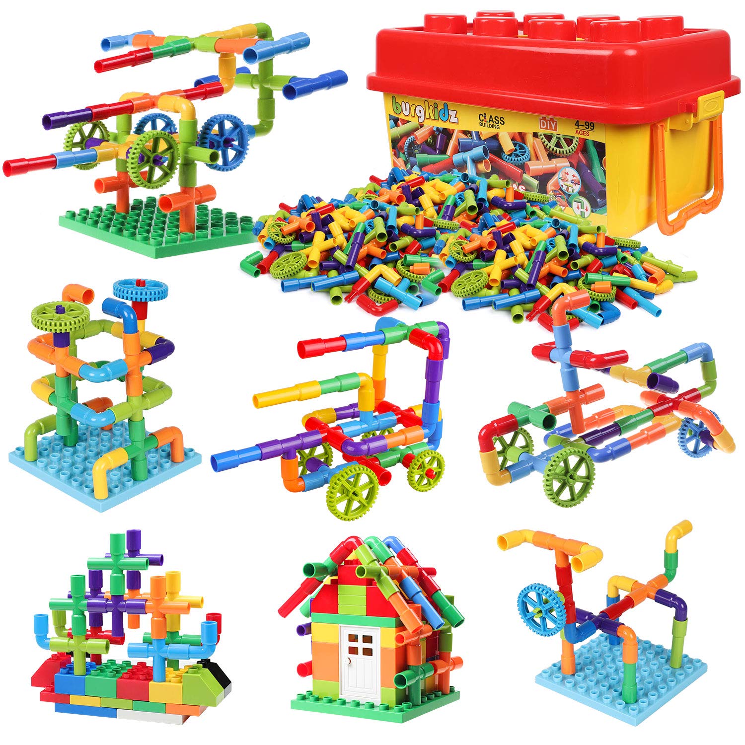 burgkidz 414 Pieces Toy Pipe, Creative STEM Tube Locks Construction with Wheels and Mini Baseplate, Interlocking Educational Sensory Kit, Preschool Learning Toys for Boy and Girls Ages 3+